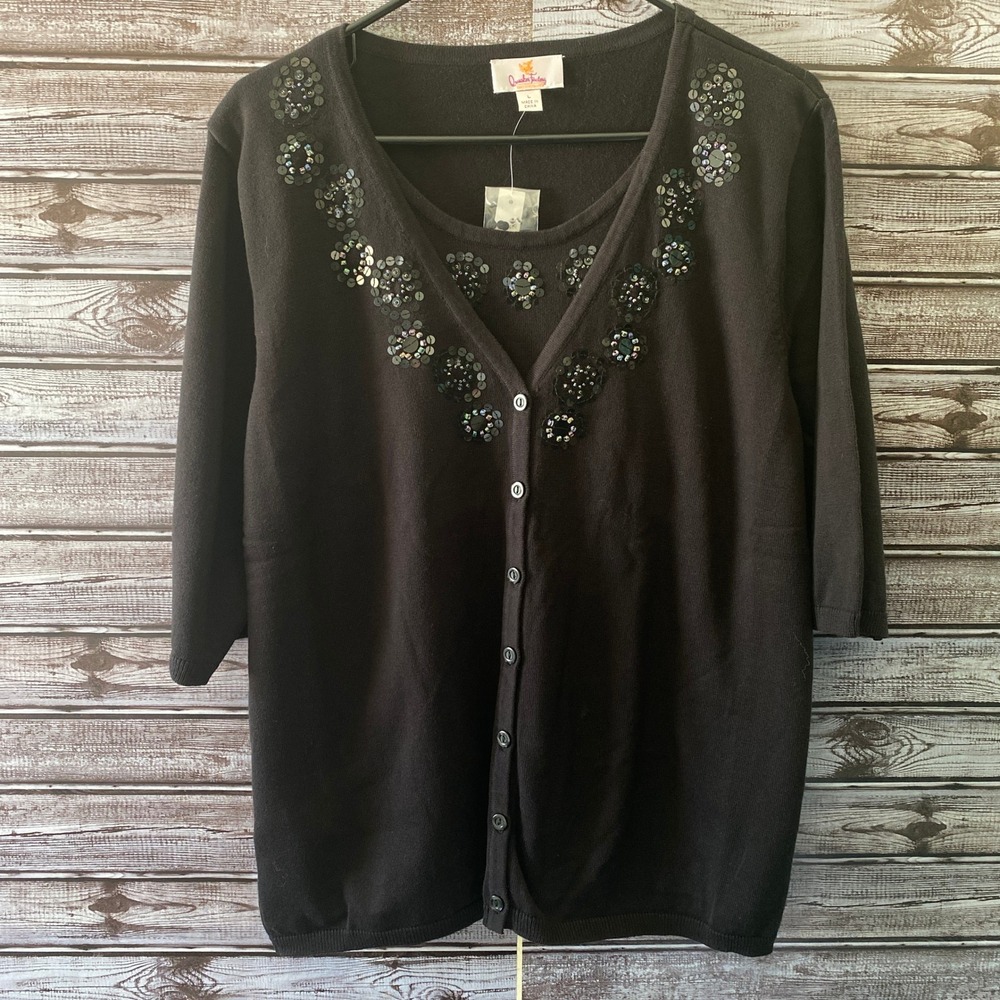 Quacker Factory Women's Short-Sleeved Sweater Sz L Black Layered Embellished NWT